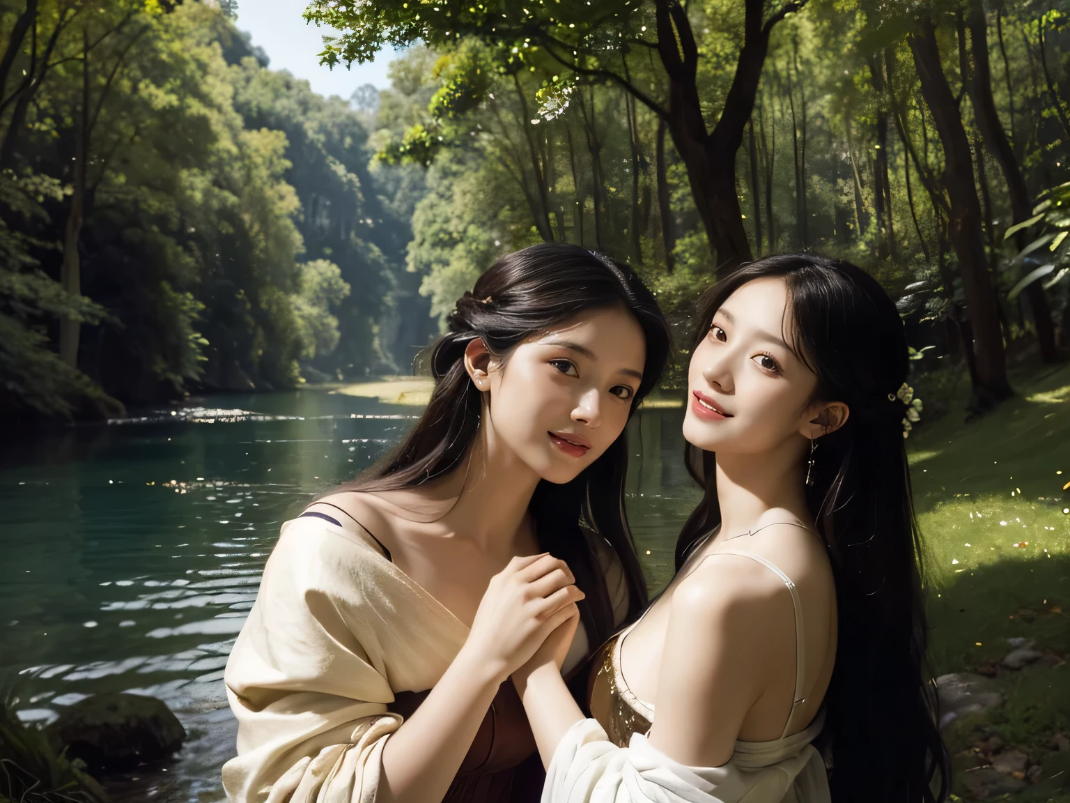 Giorgione painting style,Barbizon forest A beautiful woman in Greek dress smiles on the shore,Sweet and seductive appearance.、Caravaggio's paintings、Chiaroscuro of Caravaggio、hair tousled by the wind,Two women frolicking,cute smile, expression of ecstasy,Sexy,erotic