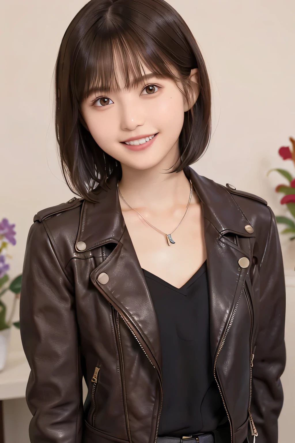 205 ((short hair)), 20-year-old female, Surrealism, Flower smile、Gums are visible、Beautiful teeth alignment、Brown Hair、Ear piercing、Necklace around the neck、leather jacket、shirt、shirt、Smiling with teeth showing、Shoulder Fashion、The background is in the room