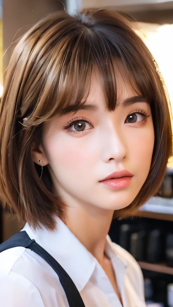Best quality, 8k, ,Masterpiece :1.3)), facing viewer,((full body1.2)) ,pretty woman, wide shot ,1girl, , selfie , , Hair salon, brown hair , bangs,ultra-detailed face, highly detailed lips, detailed eyes, double eyelid
