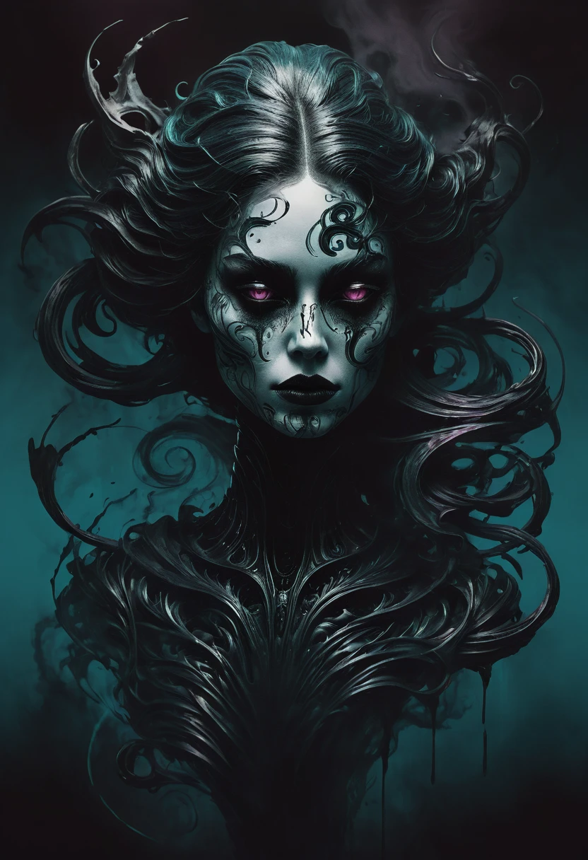 Concept art of a female horror character, enshrouded in flowing black ink that merges with her form, exuding an enigmatic and sophisticated presence. the image is photorealistic and detailed, reminiscent of a fluid gouache painting with calligraphic flourishes. the scene is lit with a combination of natural and volumetric lighting that casts dramatic highlights and shadows, emphasizing the complexity of the design. the style is fantastical and maximalist, with a mysterious and elegant atmosphere akin to a high-resolution professional photo. the background features a vibrant three-color gradient of teal, magenta, and gold, adding depth and variation to the composition.