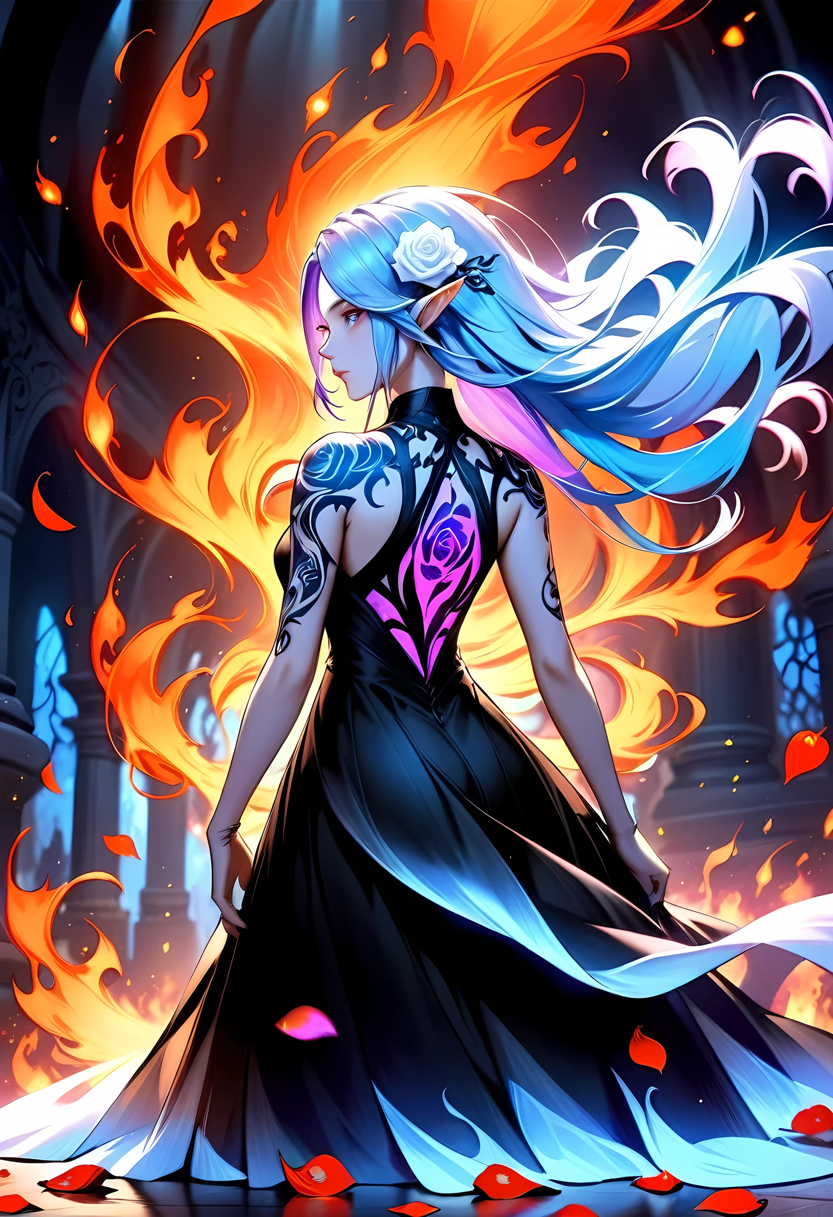 Arafed, Dark fantasy art, fantasy art, goth art, a picture of a tattoo on the back of a female elf, a glowing tattoo of a ((white rose: 1.3)) the ((rose tattoo)) is vivid, intricate detailed coming to life from the ink to real life, GlowingRunesAI_purple, ((fire surrounds the rose petals: 1.5)), shoot taken from the back, ((the back is visible: 1.3), she wears a transparent black dress, the dress is elegant, flowing, elven style, that the tattoos glow, dynamic hair color, dynamic hair style, faize, Digital Painting