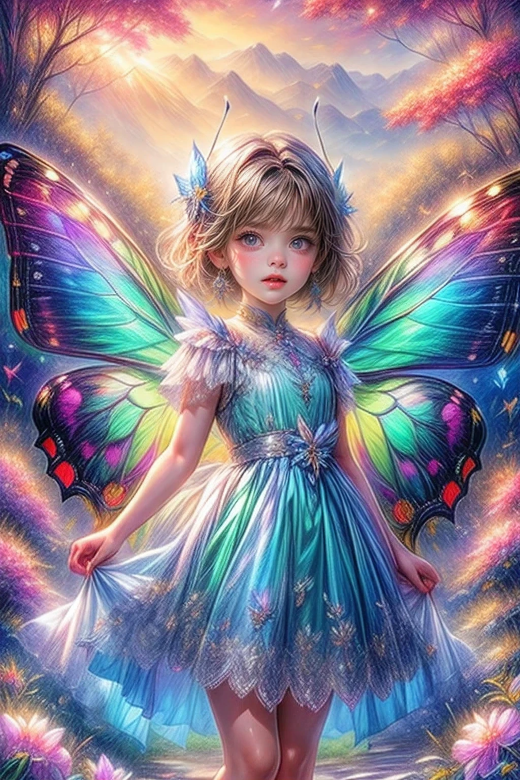 masterpiece:1.2, 16k, highres, ultra-detailed,  ultra-realistic, photorealistic:1.2, (beautiful cute girl)(chibi:1.2), (butterfly ornament), (butterfly dress), (butterfly wings:1.2), ((many butterflies)), ((many flowers)), ((bright landscape)), (beautiful world), (fantasy world), gently smile, sparkling eyes, shining lips, soaring pose