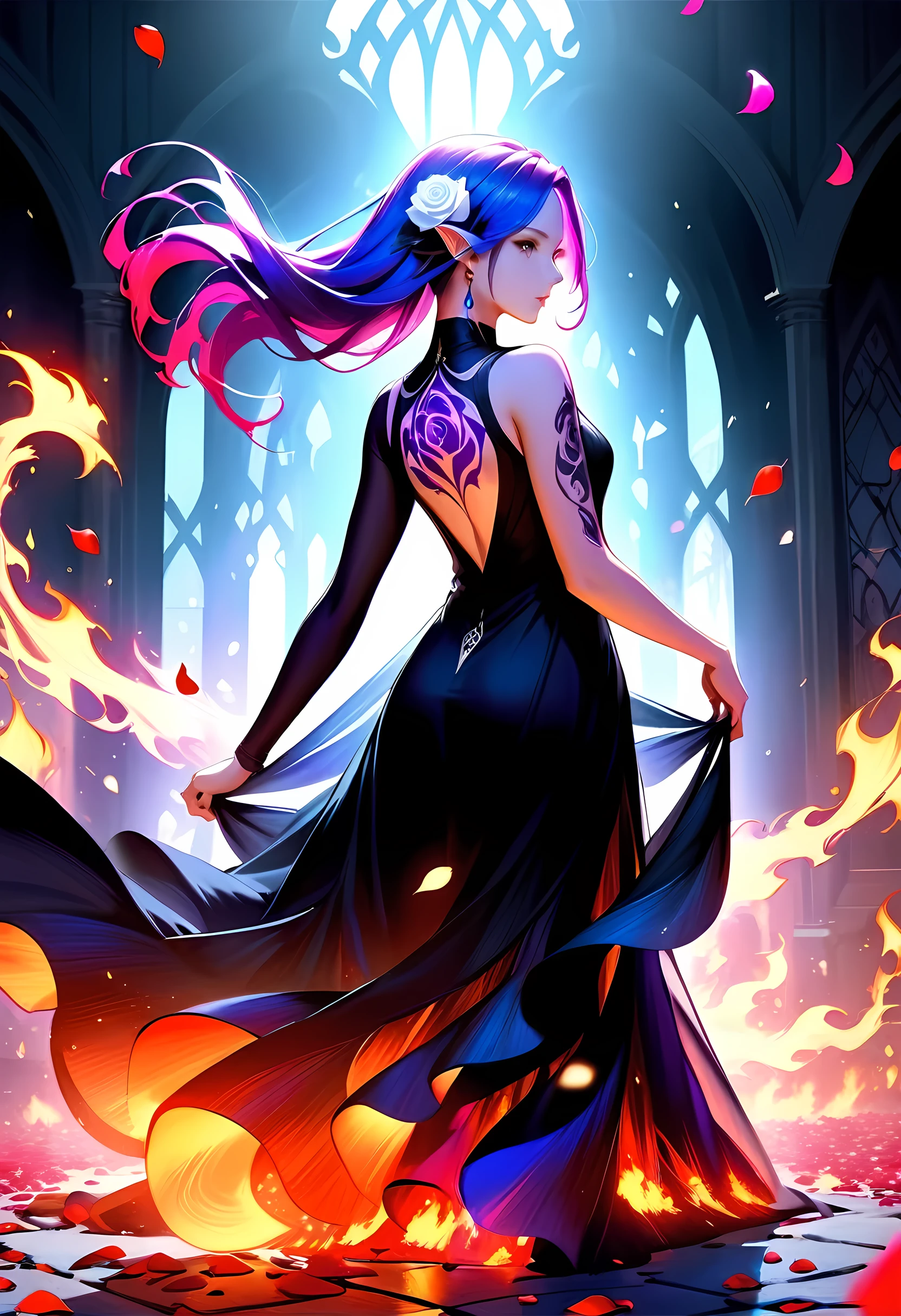 Arafed, Dark fantasy art, fantasy art, goth art, a picture of a tattoo on the back of a female elf, a glowing tattoo of a ((white rose: 1.3)) the ((rose tattoo)) is vivid, intricate detailed coming to life from the ink to real life, GlowingRunesAI_purple, ((fire surrounds the rose petals: 1.5)), shoot taken from the back, ((the back is visible: 1.3), she wears a transparent black dress, the dress is elegant, flowing, elven style, that the tattoos glow, dynamic hair color, dynamic hair style, faize, Digital Painting