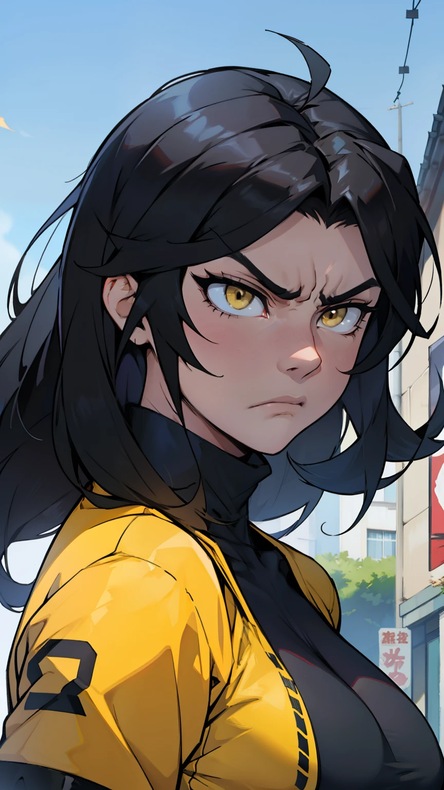 muscular girl huge breasts pale skin black hair long hair yellow eyes disdain annoyed disgusted disappointed