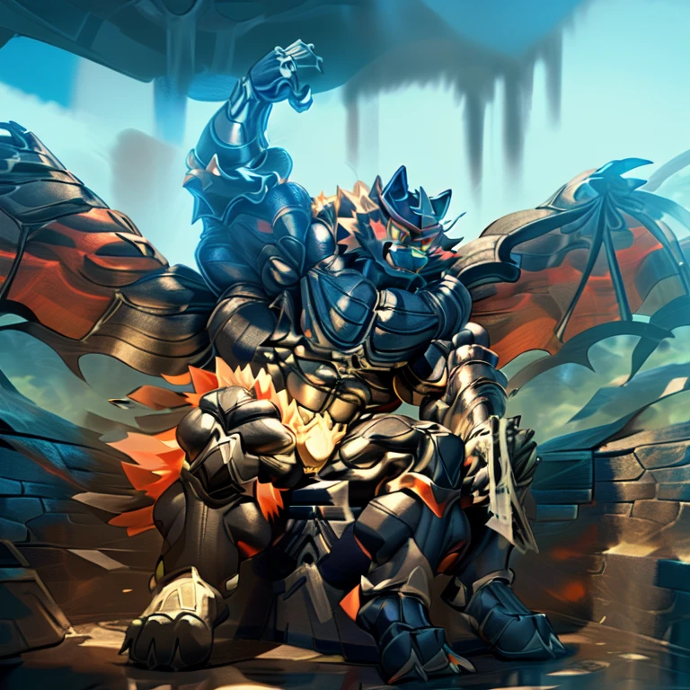 (Incineroar, 8K), (Masterpiece, highres), (wearing crNanosuit, crNanosuit, black visor, black nanosuit), (Detailed head, Detailed Body, Detailed abs, full body), (gigantic muscles, Gigachad Muscular, big muscle, pecs, triceps, traps, unusually developed muscular body, body full of huge muscles. showing off muscles, pectorales enormes, Exaggeratedly huge muscles.), (nj5furry, The claws are sharp, Sharp teeth, sharp claws), (long legs), (black wings, Spread wings, It has wings, have big wings), (black color hyper penis, hyper black penis, penis), (Incineroar in stylish nanosuit),