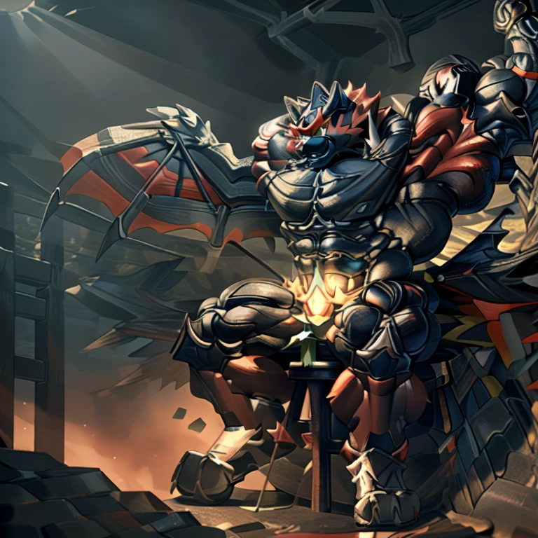 (Incineroar, 8K), (Masterpiece, highres), (wearing crNanosuit, crNanosuit, black visor, black nanosuit), (Detailed head, Detailed Body, Detailed abs, full body), (gigantic muscles, Gigachad Muscular, big muscle, pecs, triceps, traps, unusually developed muscular body, body full of huge muscles. showing off muscles, pectorales enormes, Exaggeratedly huge muscles.), (nj5furry, The claws are sharp, Sharp teeth, sharp claws), (long legs), (black wings, Spread wings, It has wings, have big wings), (Incineroar in stylish nanosuit), (bodybuilder, the bodybuilding competition, huge muscular bodybuilder with extraordinary biceps), sitting on the throne,