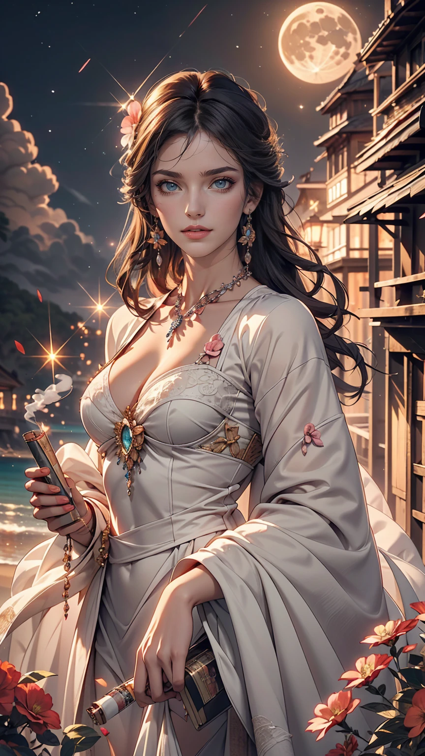 city, Flowers, A delicate scene, null, White cloud, The sun shines on the white beach. bird, pink Flowers and bright big shells, Diamond Crystal, At the Beach, Fantasy, night null, moon, cigarette, fire, photograph, High resolution, 8k, UHigh resolution, Super detailed, high quality, 1080p