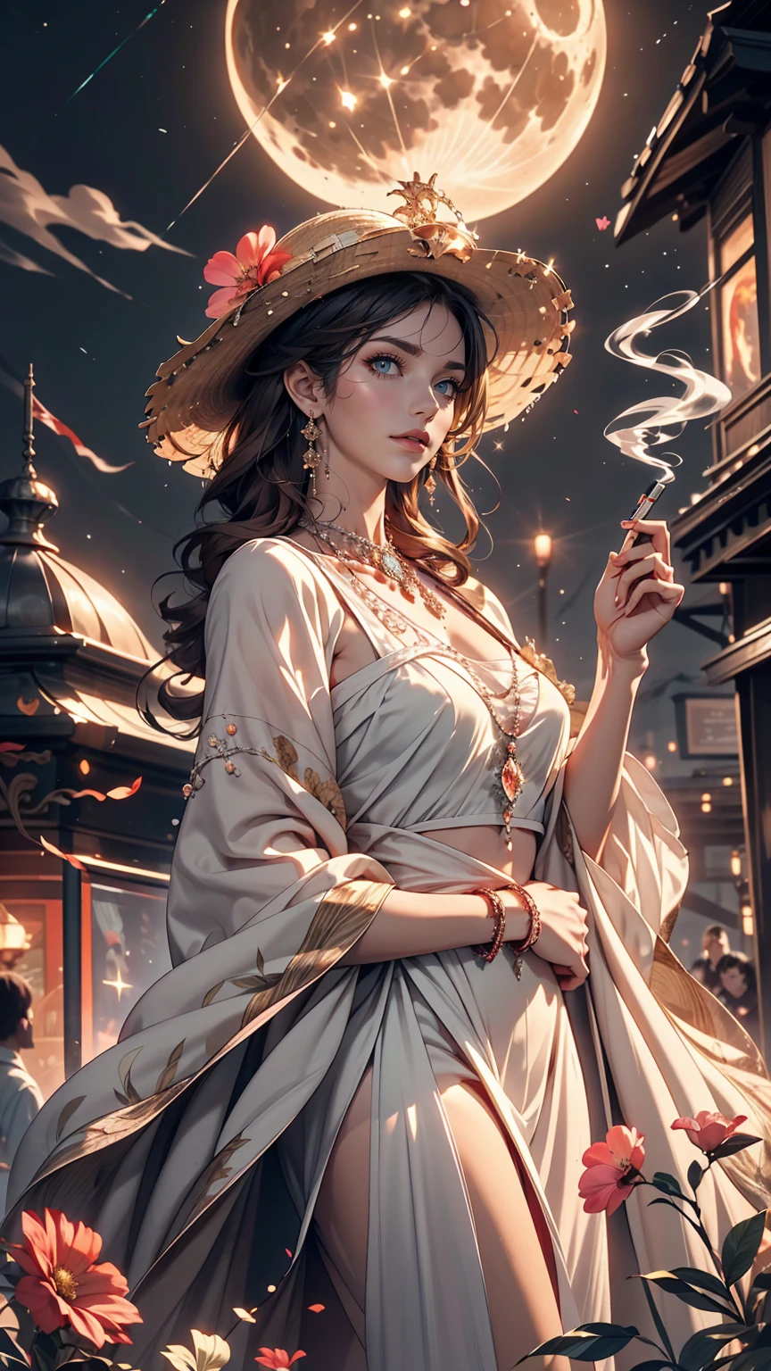city, Flowers, A delicate scene, null, White cloud, The sun shines on the white beach. bird, pink Flowers and bright big shells, Diamond Crystal, At the Beach, Fantasy, night null, moon, cigarette, fire, photograph, High resolution, 8k, UHigh resolution, Super detailed, high quality, 1080p