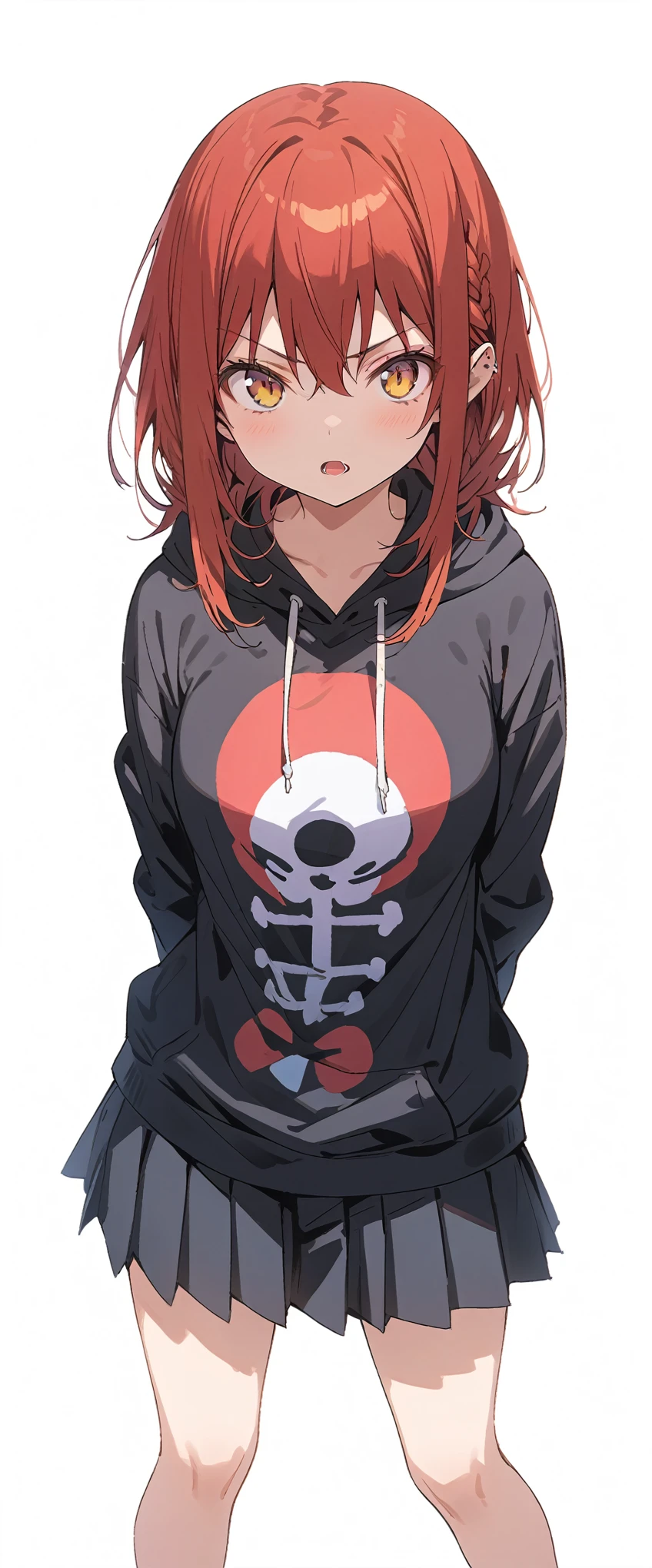 Solid white background、white background、Blank background、Ultra-high resolution, highest quality,Solo,just standing girl, One young girl、Full body view from the front、fish-bone braid hair、Fishbone Hair、red hair、arms behind back、Put your hands behind your back、Hide your hands、busty、beautiful detailed eyes、Red hair x yellow eyes、yellow eyes、Serious expression、 Open your mouth wide、plain black hoodie、Black pleated skirt、barefoot