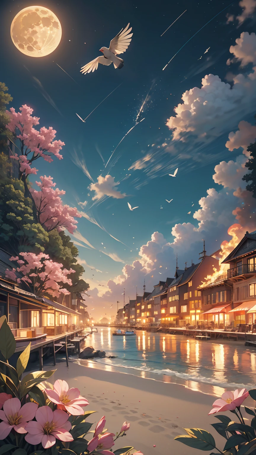 city, Flowers, A delicate scene, null, White cloud, The sun shines on the white beach. bird, pink Flowers and bright big shells, Diamond Crystal, At the Beach, Fantasy, night null, moon, cigarette, fire, photograph, High resolution, 8k, UHigh resolution, Super detailed, high quality, 1080p  