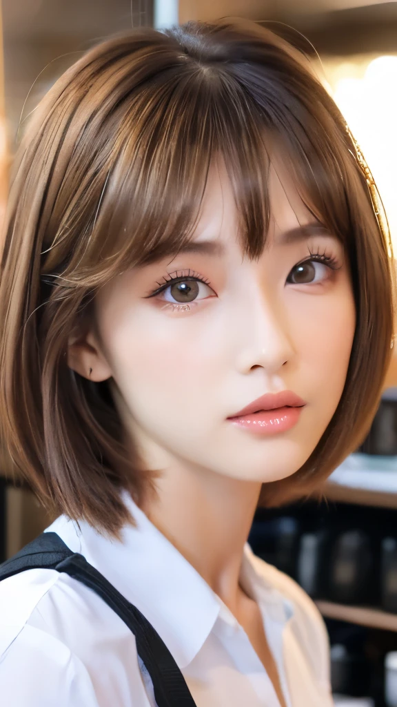 Best quality, 8k, ,Masterpiece :1.3)), facing viewer,((full body1.2)) ,pretty woman, wide shot ,1girl, , selfie , , Hair salon, brown hair , bangs,ultra-detailed face, highly detailed lips, detailed eyes, double eyelid