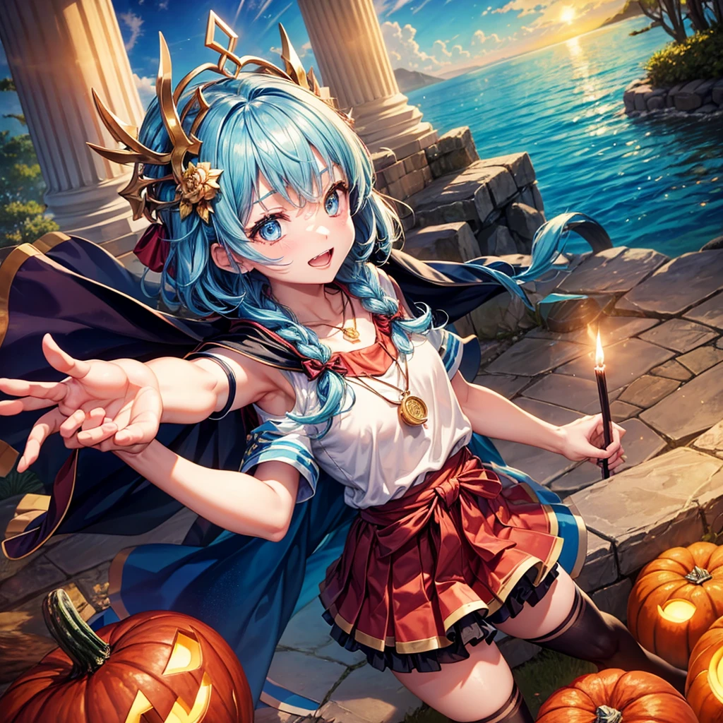 Aqua blue hair、Golden Eyes、Braid、One good looking girl、solo、anime、Checkered mini skirt、Ruffles on the skirt、Red T-shirt、Cape、Gothic、Black knee-high socks、bandana、Fluffy clothes、Wearing a ribbon、Ribbon on waist、Tilting face、Teeth are visible、Sunset sky、Piercing the clouds、Contrail、lotus leaves、Cumulonimbus、Pillar of Light、candle fire、Silver coin necklace、A world of light、Spreading his arms for balance、Pumpkin hat、shine、From above