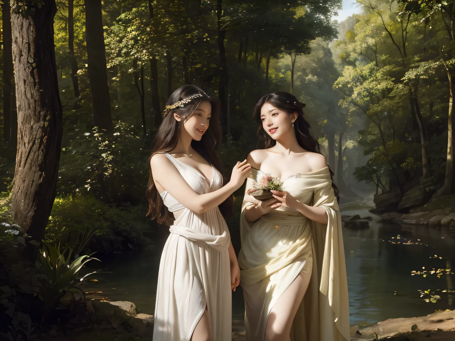 Giorgione painting style,Barbizon forest A beautiful woman in Greek dress smiles on the shore,Sweet and seductive appearance.、Caravaggio's paintings、Chiaroscuro of Caravaggio、hair tousled by the wind,Two women frolicking,cute smile, expression of ecstasy,Sexy,erotic