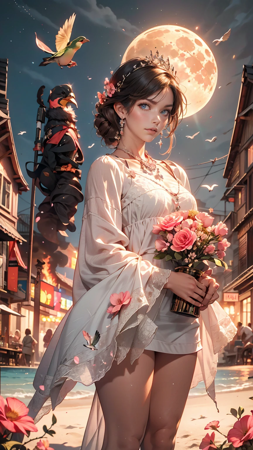city, Flowers, A delicate scene, null, White cloud, The sun shines on the white beach. bird, pink Flowers and bright big shells, Diamond Crystal, At the Beach, Fantasy, night null, moon, cigarette, fire, photograph, High resolution, 8k, UHigh resolution, Super detailed, high quality, 1080p