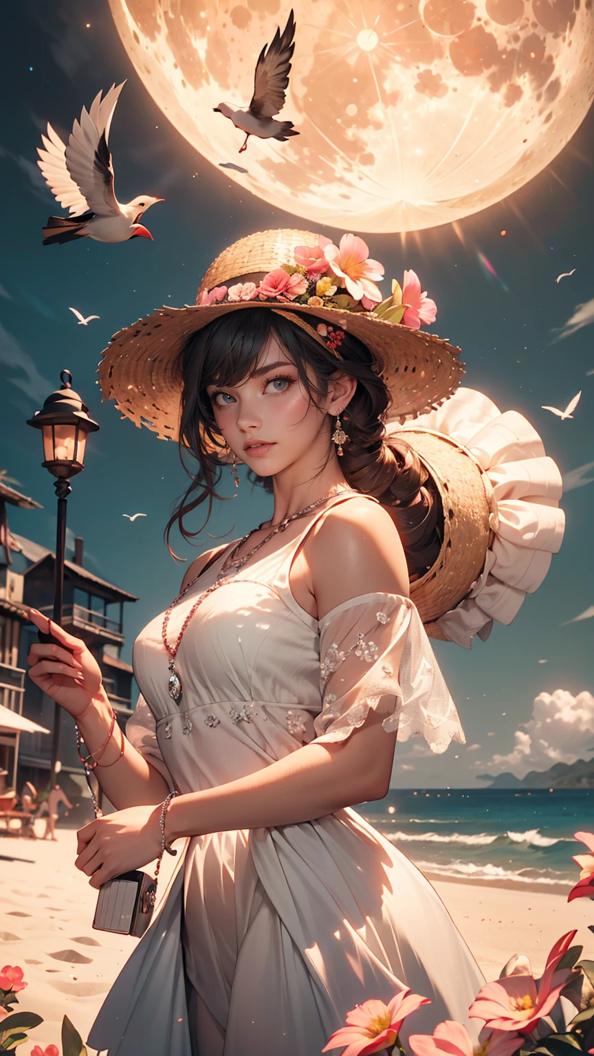 city, Flowers, A delicate scene, null, White cloud, The sun shines on the white beach. bird, pink Flowers and bright big shells, Diamond Crystal, At the Beach, Fantasy, night null, moon, cigarette, fire, photograph, High resolution, 8k, UHigh resolution, Super detailed, high quality, 1080p