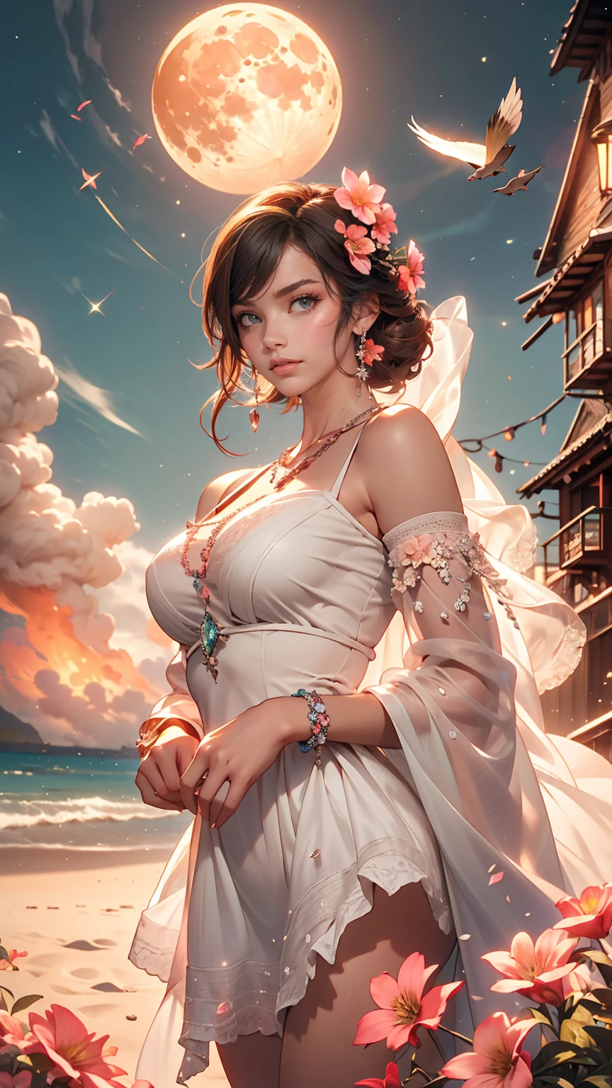 city, Flowers, A delicate scene, null, White cloud, The sun shines on the white beach. bird, pink Flowers and bright big shells, Diamond Crystal, At the Beach, Fantasy, night null, moon, cigarette, fire, photograph, High resolution, 8k, UHigh resolution, Super detailed, high quality, 1080p  