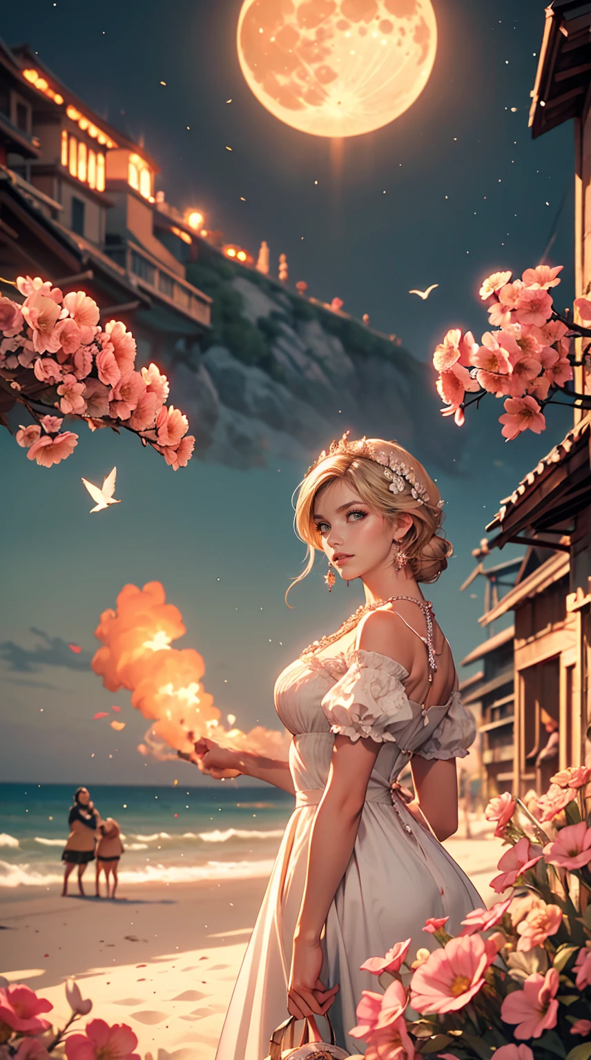 city, Flowers, A delicate scene, null, White cloud, The sun shines on the white beach. bird, pink Flowers and bright big shells, Diamond Crystal, At the Beach, Fantasy, night null, moon, cigarette, fire, photograph, High resolution, 8k, UHigh resolution, Super detailed, high quality, 1080p  