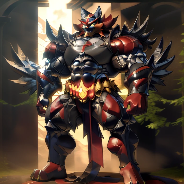 (Incineroar, 8K), (Masterpiece, highres), (wearing Armor Suit, black visor, black Armor Suit), (Detailed head, Detailed Body, Detailed abs, full body), (gigantic muscles, Gigachad Muscular, big muscle, pecs, triceps, traps, unusually developed muscular body, body full of huge muscles. showing off muscles, pectorales enormes, Exaggeratedly huge muscles.), (nj5furry, The claws are sharp, Sharp teeth, sharp claws), (long legs), (black wings, Spread wings, It has wings, have big wings), (Incineroar in stylish Armor Suit), (bodybuilder, the bodybuilding competition, huge muscular bodybuilder with extraordinary biceps), sitting on the throne,