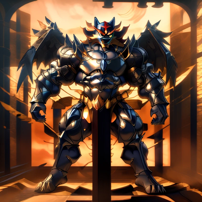 (Incineroar, 8K), (Masterpiece, highres), (wearing Armor Suit, black visor, black Armor Suit), (Detailed head, Detailed Body, Detailed abs, full body), (gigantic muscles, Gigachad Muscular, big muscle, pecs, triceps, traps, unusually developed muscular body, body full of huge muscles. showing off muscles, pectorales enormes, Exaggeratedly huge muscles.), (nj5furry, The claws are sharp, Sharp teeth, sharp claws), (long legs), (black wings, Spread wings, It has wings, have big wings), (Incineroar in stylish Armor Suit), (bodybuilder, the bodybuilding competition, huge muscular bodybuilder with extraordinary biceps), sitting on the throne,