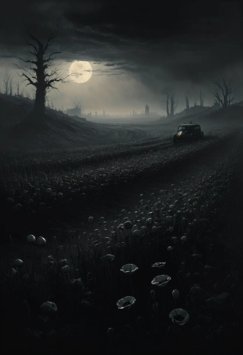 Dark fantasy. poppy field. beautiful cinematic impressionistic painting, gothic, minimalism, psychedelia. dark eerie horror, something out of this world, with a black and white classic contrast, in the style of jeremy mann and charles dana gibson, mark demsteader, paul headley, perfect cast, insanely beautiful detailed octane visualization, artstation trend, 8k fine art photography, photorealistic concept art, programmed natural volume, cinematic perfect light, chiaroscuro, award winning photography, masterpiece, oil on canvas, raphael, caravaggio, greg rutkowski, beeple, beksinski, giger, ultra hd, realistic, high detail, uhd image, pen and ink, perfect composition, beautiful detailed complex, insanely detailed octane rendering, artstation trends, 8k art photography, photorealistic concept art, soft natural volumetric cinematic perfect light.