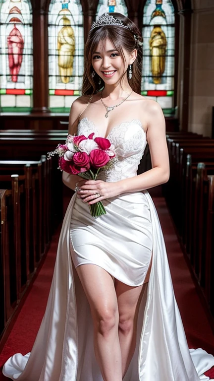 highest quality, Realistic, Very detailed, finely, High resolution, 8k wallpaper, Beautiful woman,, Brown hair short ponytail, (Silk Short Wedding Dress), Perfect dynamic composition, finelyて美しい目, Ample breasts, Realistic , smile, Model Body Type、Earrings,garnet necklace,tiara,(Holding a bouquet),Beautiful legs,(Church with beautiful stained glass),Full Body Shot:1.3,Smile and laugh,
