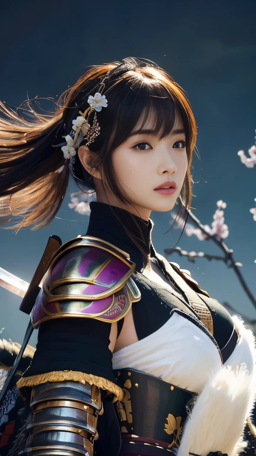 Realistic, Super detailed, High resolution, highest quality, Super detailedな,1 Female , Official Art, unity 8k wallpaper, Super detailed, beautiful and aesthetic, beautiful, masterpiece、Super busty breasts:1.5,Small waist、Glowing Skin,masterpiece, wonderful, (CG illustration),Asian, Ultra-realistic textured face and skin、Accurate anatomy、samurai、Colorful Armor、Gradient Hair, bangs、((samurai))、((Japanese Armor、Chest armor:1.2、Japanese sword))、((Dynamic Pose、Dynamic Action、Dynamic Angle、Cutting))、Detailed Background、Cherry Blossom、battle、Sengoku period、Degrees of Freedom:1.3