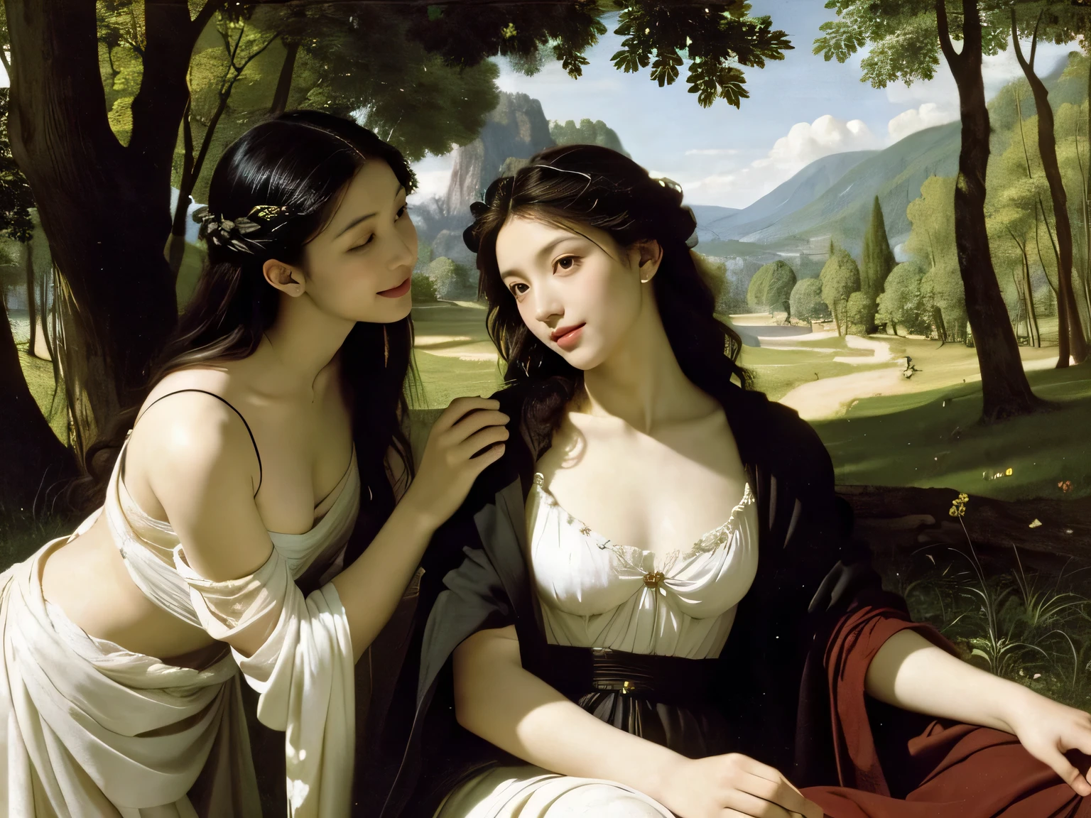 Giorgione painting style,Barbizon forest A beautiful woman in Greek dress smiles on the shore,Sweet and seductive appearance.、Caravaggio's paintings、Chiaroscuro of Caravaggio、hair tousled by the wind,Two women frolicking,cute smile, expression of ecstasy,Sexy,erotic