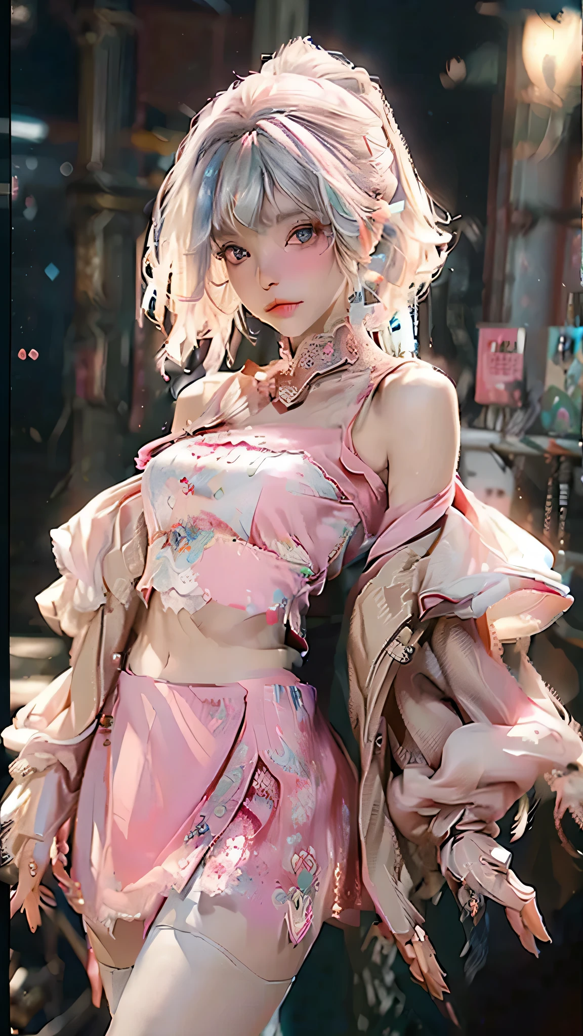 (best quality), ((masterpiece), (detail: 1.4), 3D, A beautiful cyberpunk woman, HDR (High Dynamic Range), Ray tracing, NVIDIA RTX, Super Resolution, Unreal 5, Subsurface scattering, PBR textures, Post-Processing, Anisotropic filtering, Depth of Field, Maximum clarity, Multi-layer textures, Albedo and Specular Maps, Surface shading, Accurate simulation of light-matter interactions, Perfect proportions, Octane Rendering, Two-color light, Large aperture, Low ISO, White Balance, Rule of Thirds, 8K Native, exposed, Off-shoulder, camisole, mini skirt, Transparent clothing, Open waist, mini skirt //, very short, Colorful graffiti on shoulders, Pleated Skirt, JK short skirt with long legs, Lace, Tulle textured clothes. pink cute, Baby pink, Delicate expression, Pink and white clothes. The coat slipped off,