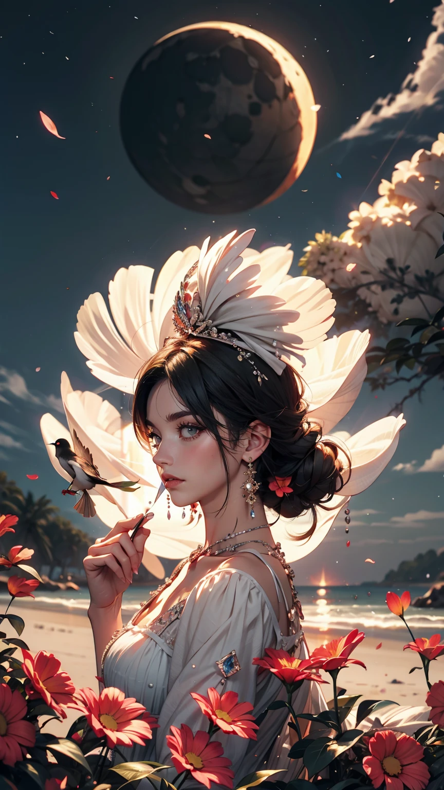 city, Flowers, A delicate scene, null, White cloud, The sun shines on the white beach. bird, pink Flowers and bright big shells, Diamond Crystal, At the Beach, Fantasy, night null, moon, cigarette, fire, photograph, High resolution, 8k, UHigh resolution, Super detailed, high quality, 1080p  