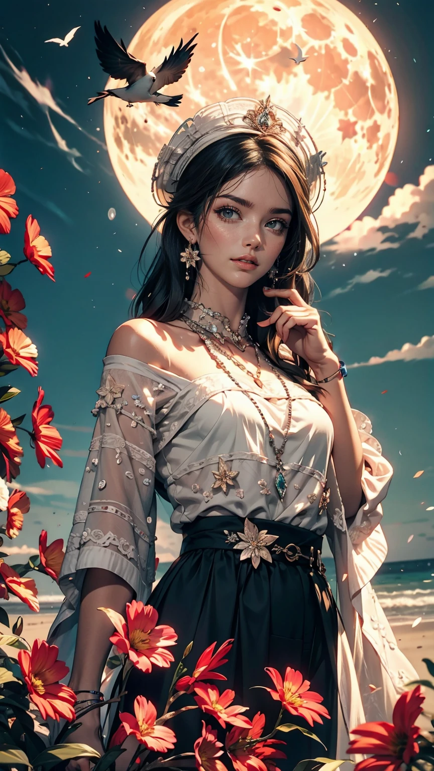 city, Flowers, A delicate scene, null, White cloud, The sun shines on the white beach. bird, pink Flowers and bright big shells, Diamond Crystal, At the Beach, Fantasy, night null, moon, cigarette, fire, photograph, High resolution, 8k, UHigh resolution, Super detailed, high quality, 1080p