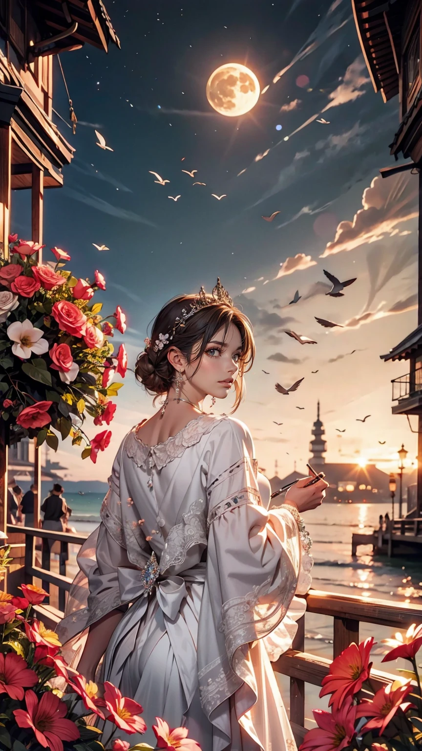 city, Flowers, A delicate scene, null, White cloud, The sun shines on the white beach. bird, pink Flowers and bright big shells, Diamond Crystal, At the Beach, Fantasy, night null, moon, cigarette, fire, photograph, High resolution, 8k, UHigh resolution, Super detailed, high quality, 1080p