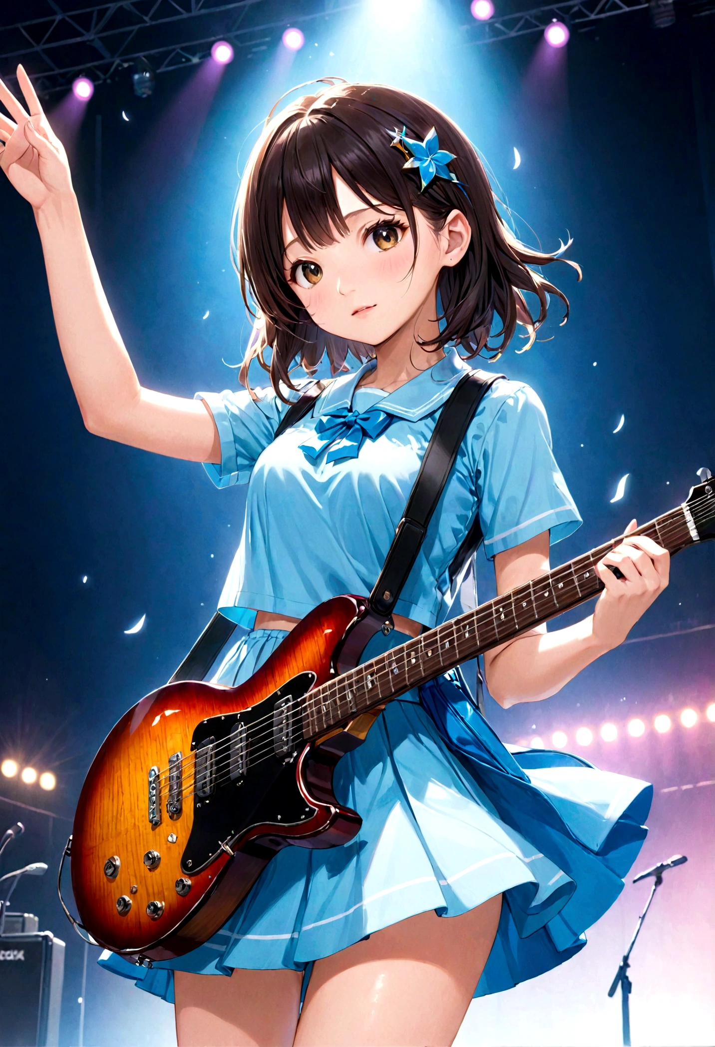 high school girl、Light Music Club、Electric guitar、Raise one hand