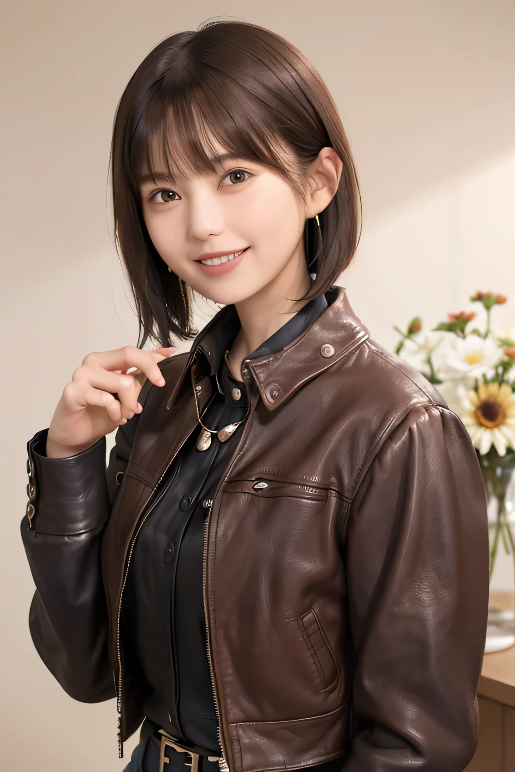 205  ((short hair)), 20-year-old female, Surrealism, Flower smile、Gums are visible、Beautiful teeth alignment、Brown Hair、Ear piercing、Necklace around the neck、leather jacket、shirt、shirt、Smiling with teeth showing、Shoulder Fashion、The background is in the room、Big Breasts