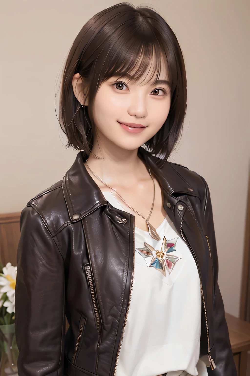 205 ((short hair)), 20-year-old female, Surrealism, Flower smile、Gums are visible、Beautiful teeth alignment、Brown Hair、Ear piercing、Necklace around the neck、leather jacket、shirt、shirt、Smiling with teeth showing、Shoulder Fashion、The background is in the room、Big Breasts
