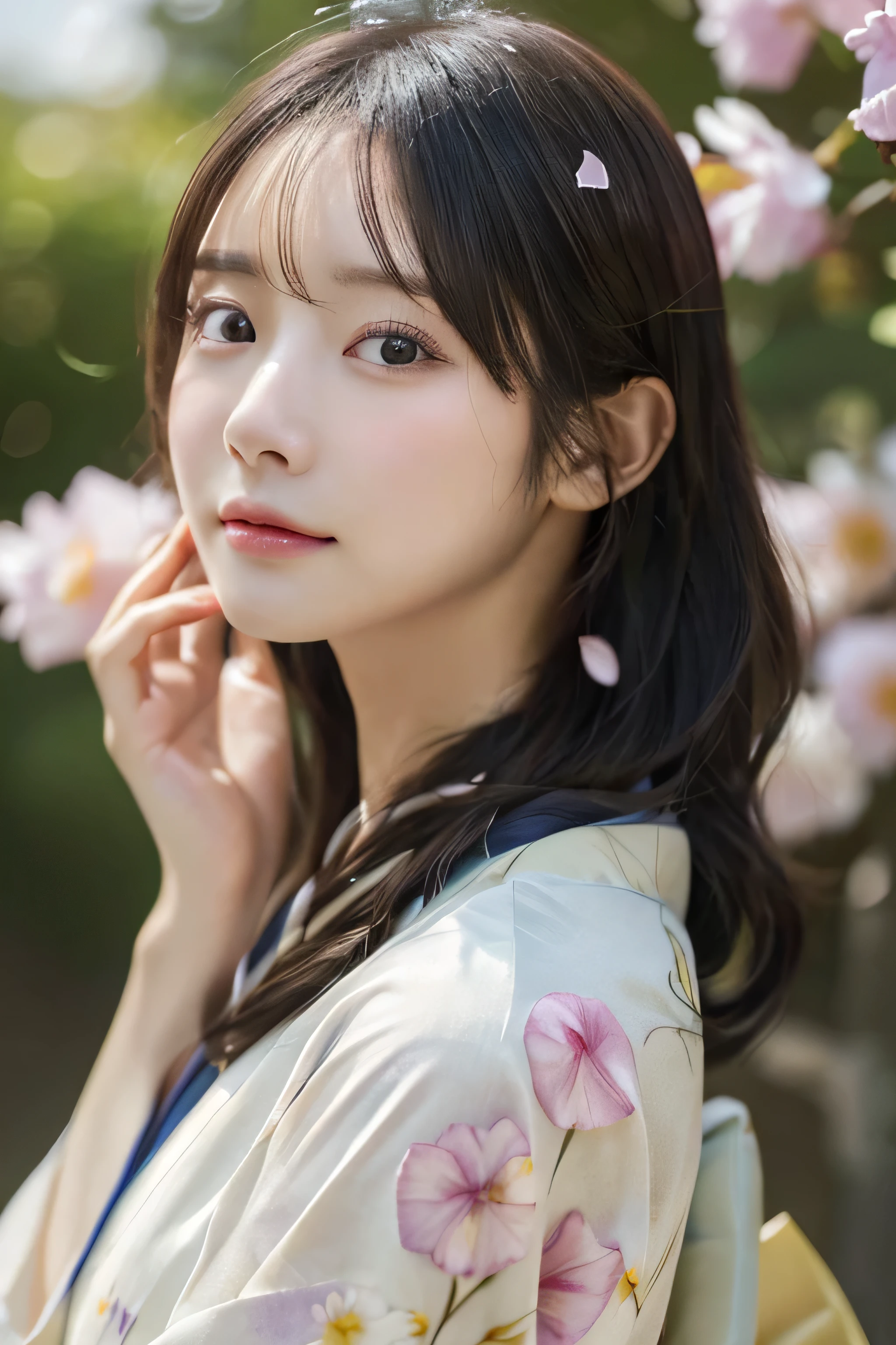 (Kimono)、Random Shots、、、randome pose、(Petals flutter:1.3)、(Wind:1.3)、(top-quality,masterpiece:1.3,超A high resolution,),(ultra-detailliert,Caustics),(Photorealsitic:1.4,RAW shooting,)Ultra-realistic capture,A highly detailed,high-definition16Kfor human skin、 Skin texture is natural、、The skin looks healthy with an even tone、 Use natural light and color,One Woman,japanes,,kawaii,A dark-haired,Middle hair,(depth of fields、chromatic abberation、、Wide range of lighting、Natural Shading、)、