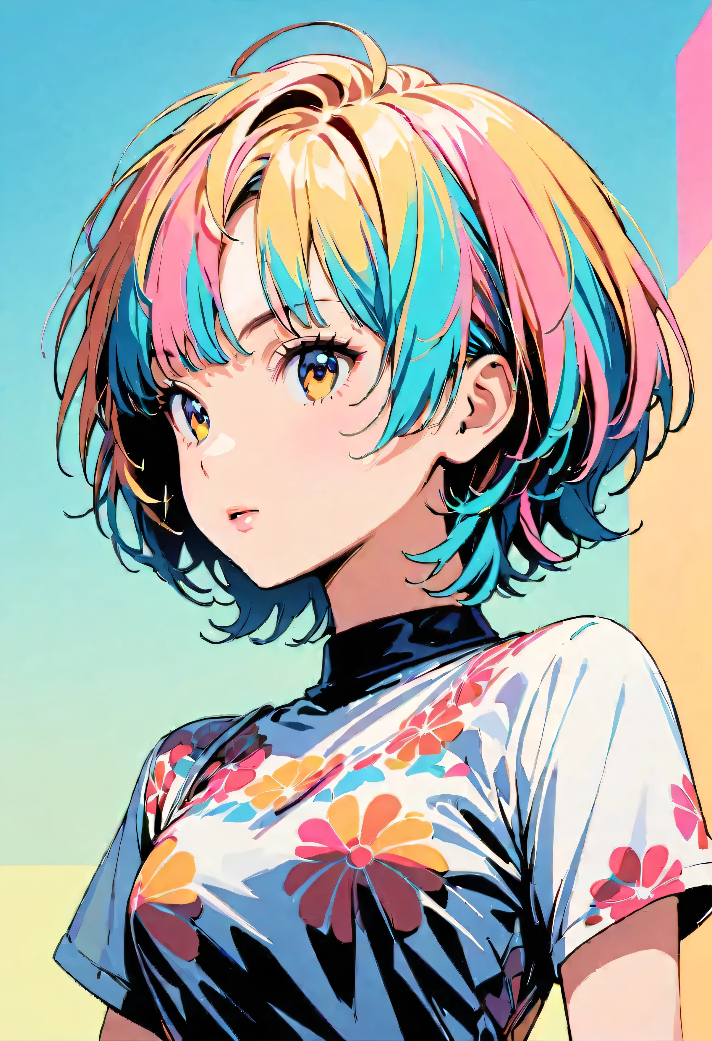 (highest quality:1.2, City Pop Style, Very detailed, up to date, Vibrant, High Contrast, masterpiece:1.2, highest quality, Best aesthetics), girl, ((Face Up Shot:1.4)), Colorful Hair, Bobcut, pastel colour, 1980s style, ((Retro, Vintage, Solid color background))