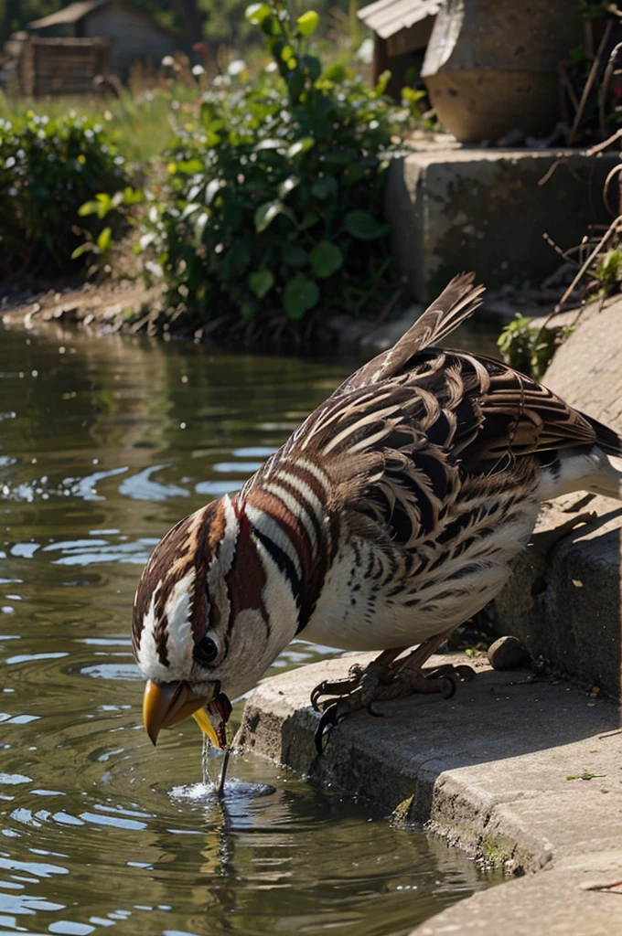 a sparrow drinking water in a river