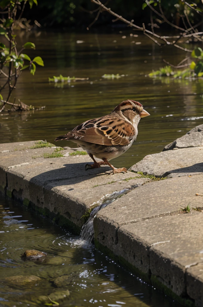 a sparrow drinking water in a river