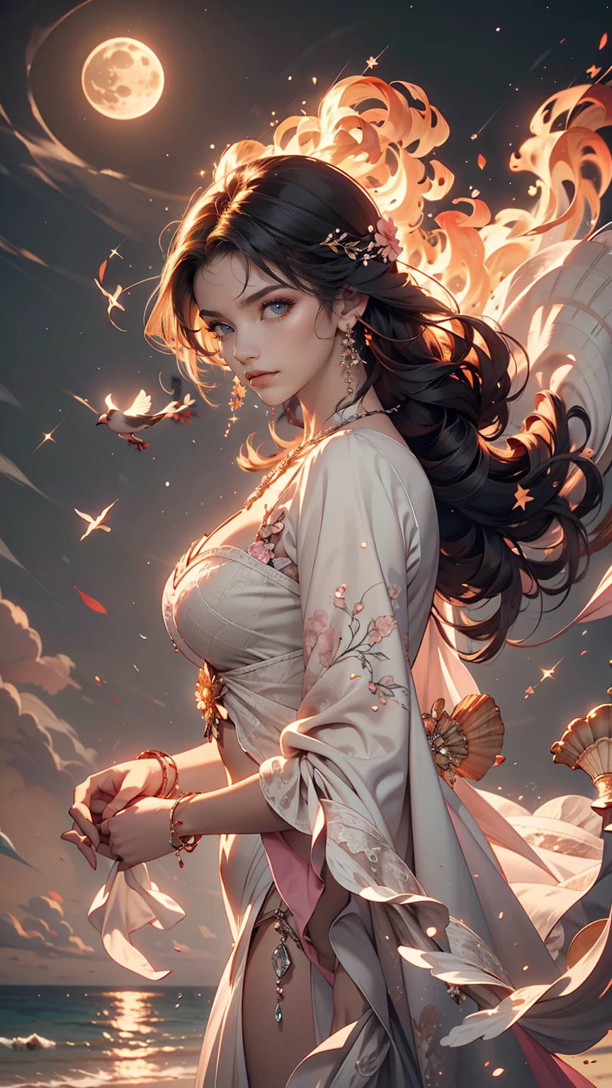 city, Flowers, A delicate scene, null, White cloud, The sun shines on the white beach. bird, pink Flowers and bright big shells, Diamond Crystal, At the Beach, Fantasy, night null, moon, cigarette, fire, photograph, High resolution, 8k, UHigh resolution, Super detailed, high quality, 1080p