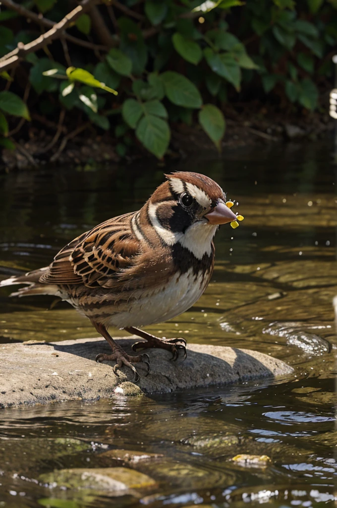 a sparrow drinking water in a river