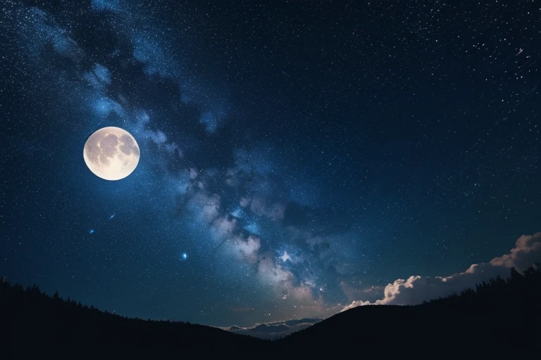 「Please draw a night sky scene that spreads all around.。The only moon in the sky was shining small in the upper left.、I can't see any stars。The whole landscape is shrouded in deep darkness.、The surroundings are pitch black。People and buildings、Contains no other artificial ingredients、Keep the scene simple and tranquil。」
