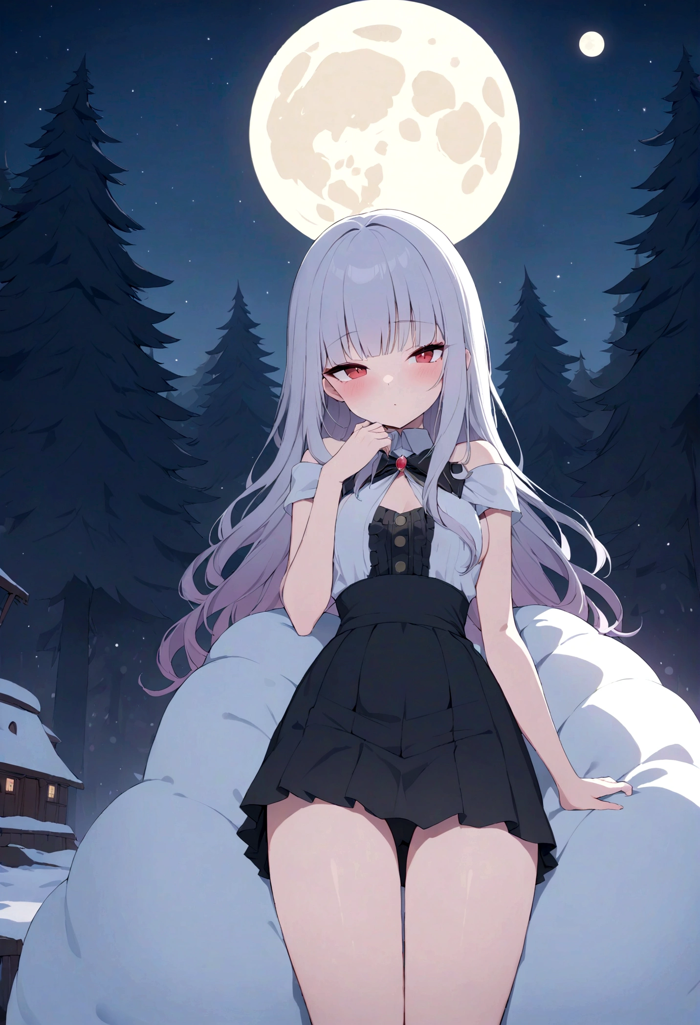 snow House_\(springwitch3\),masterpiece,1 Girl,Red Eyes,Black pupil,moon, Black skirt, feather,forest,night,absurd,high resolution, Super sharp, 8K, masterpiece, looking at the audience