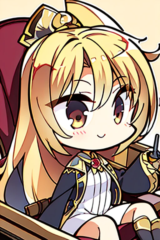 A golden-haired female angel with hazel eyes and an hourglass figure, wearing a conservative pirate's outfit is sitting in the captain's chair on a pirate ship with a big smile