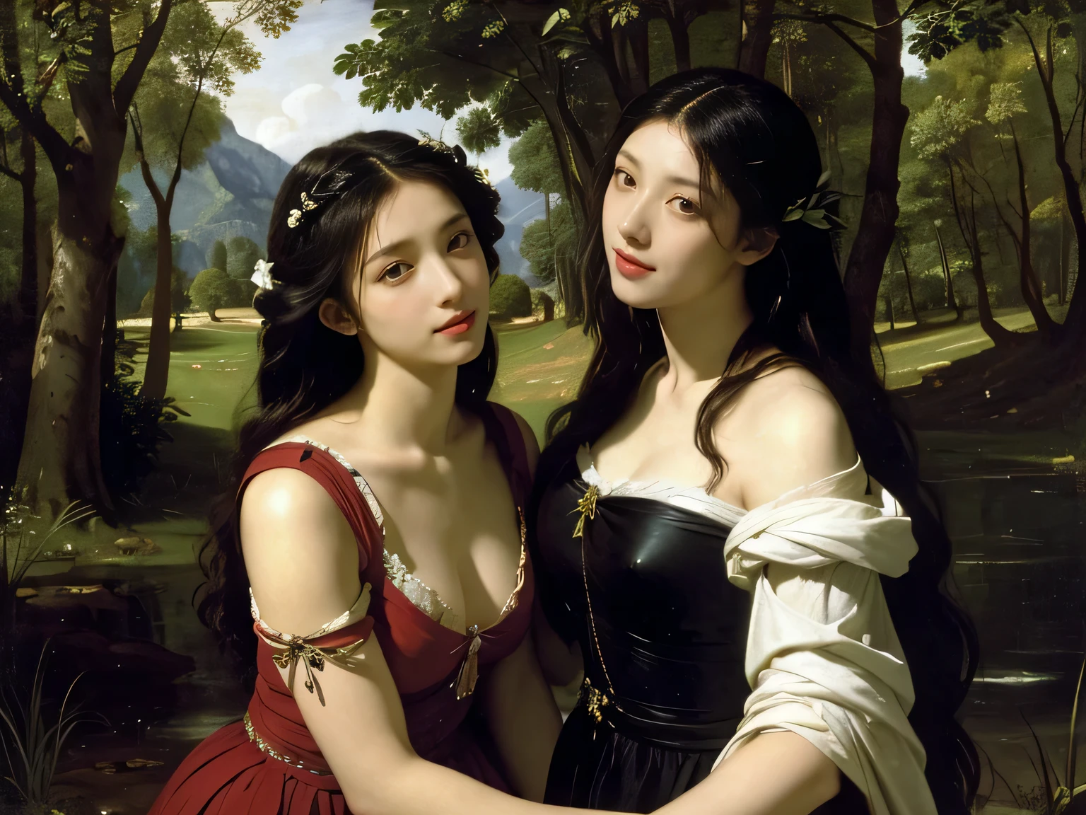 Giorgione painting style,Barbizon forest A beautiful woman in Greek dress smiles on the shore,Sweet and seductive appearance.、Caravaggio's paintings、Chiaroscuro of Caravaggio、hair tousled by the wind,Two women frolicking,cute smile, expression of ecstasy,Sexy,erotic