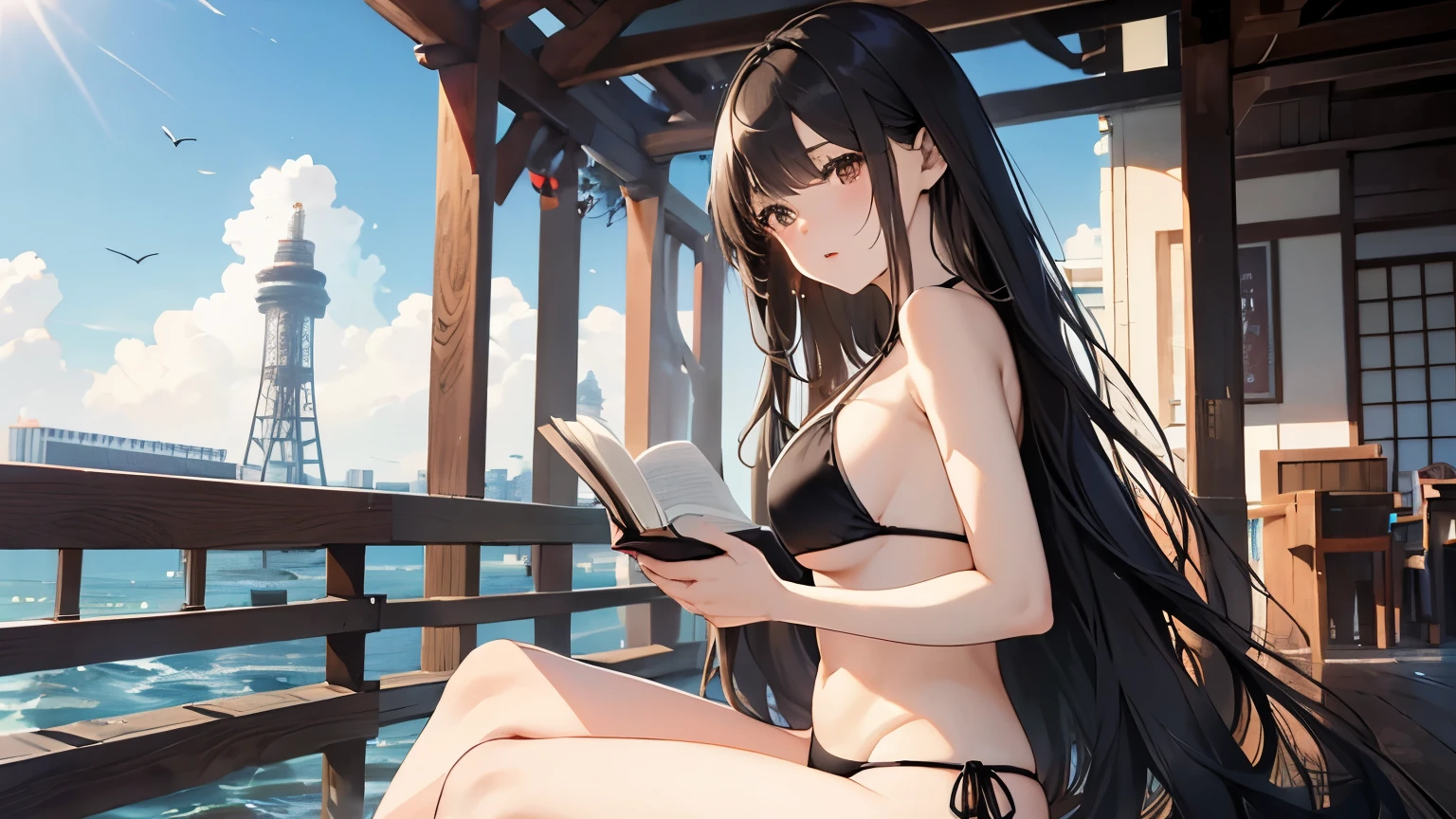 girl1people,highest quality, High resolution,thin、(delicate:1.4)、Brown eyes、expensive、7 Class-large、Black Hair、Long Hair,Straight hair、Straight hair、Ocean、(Black Bikini:1.4),Gal、cute、Shyness,Reading a book,Big Breasts,Tokyo Tower