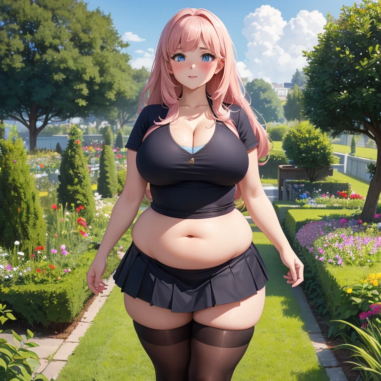 ((High resolution)), masterpiece, high quality, 最high quality, beautiful, Perfect lighting, Detailed face, Super cute face,, ((One girl)), ((alone)), Fluffy hair, Long Hair, blue eyes, ((blush)), Embarrassing, Nervous, shy, View Viewer, nurse,Black tights,skirt, (Thick thighs), (Wide Hips), ((Chubby)), (Chubby belly), Cleavage, ((Big Breasts)), 20-year-old female, standing in a garden, (garden), Daytime,((chubby))