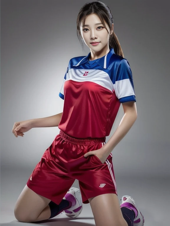 ภาพระยะใกล้ของผู้หญิงponytail, Korean symmetrical face, Woman wearing a volleyball shirt Expensive silk, dark black, Thai anime girl, Chest size 36 inches, beautiful south ponytail,) long, Flowing hair, ponytail, beautiful young, bright and sparkling, beautiful south korean women, Tzuyu from two times, Jae Yeon Nam, Lee Ji Eun