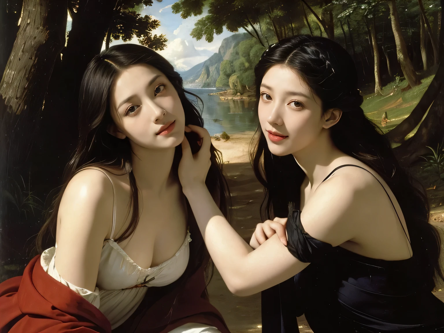 Giorgione painting style,Barbizon forest A beautiful woman in Greek dress smiles on the shore,Sweet and seductive appearance.、Caravaggio's paintings、Chiaroscuro of Caravaggio、hair tousled by the wind,Two women frolicking,cute smile, expression of ecstasy,Sexy,erotic
