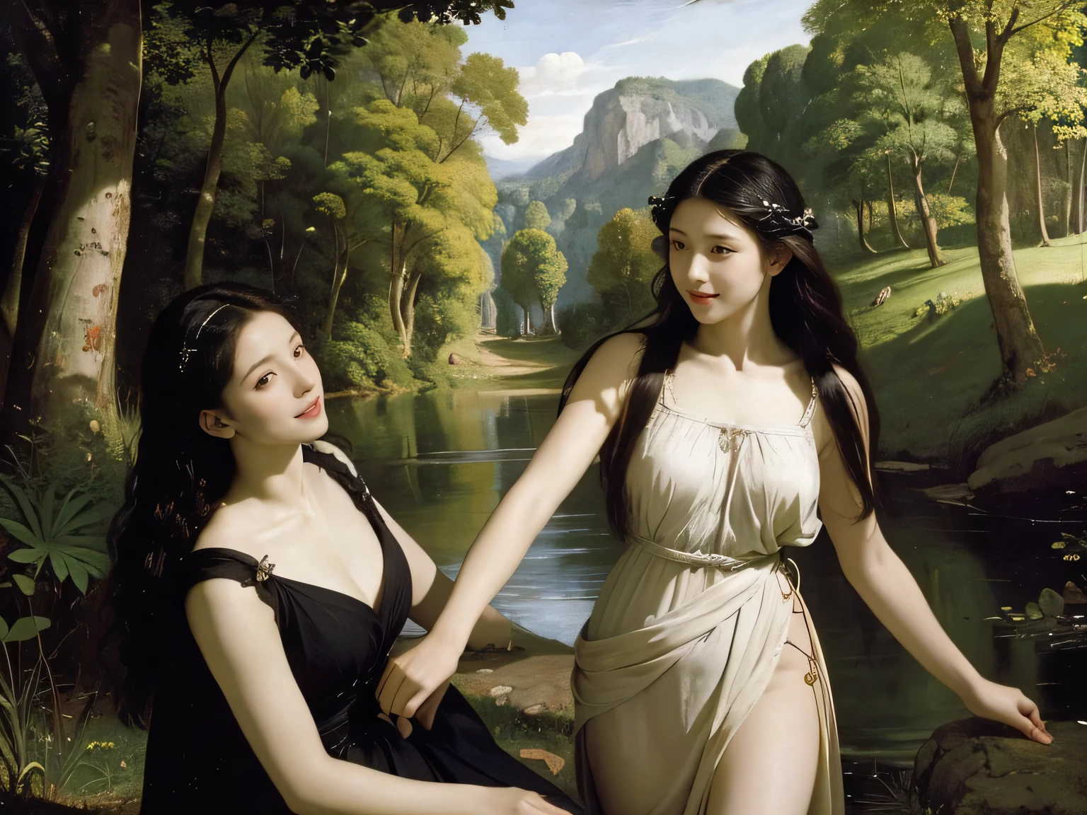 Giorgione painting style,Barbizon forest A beautiful woman in Greek dress smiles on the shore,Sweet and seductive appearance.、Caravaggio's paintings、Chiaroscuro of Caravaggio、hair tousled by the wind,Two women frolicking,cute smile, expression of ecstasy,Sexy,erotic