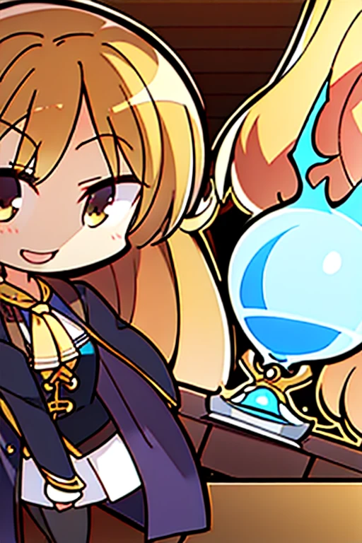 A golden-haired female angel with hazel eyes and an hourglass figure, wearing a conservative pirate's outfit is posing on a pirate ship with a big smile with a golden parrot
